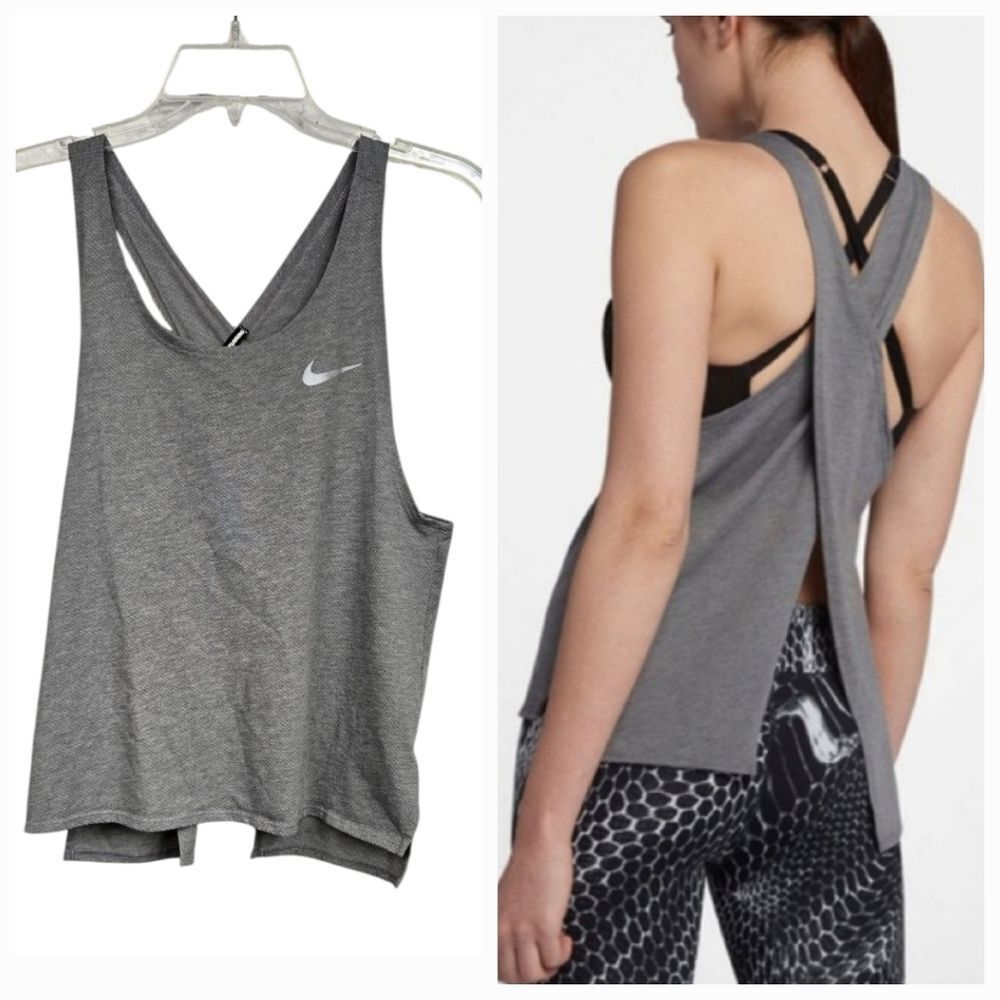 Women's Nike Dri-Fit Miler Cross Back Running Tank Top Heather Gray Split Back S
